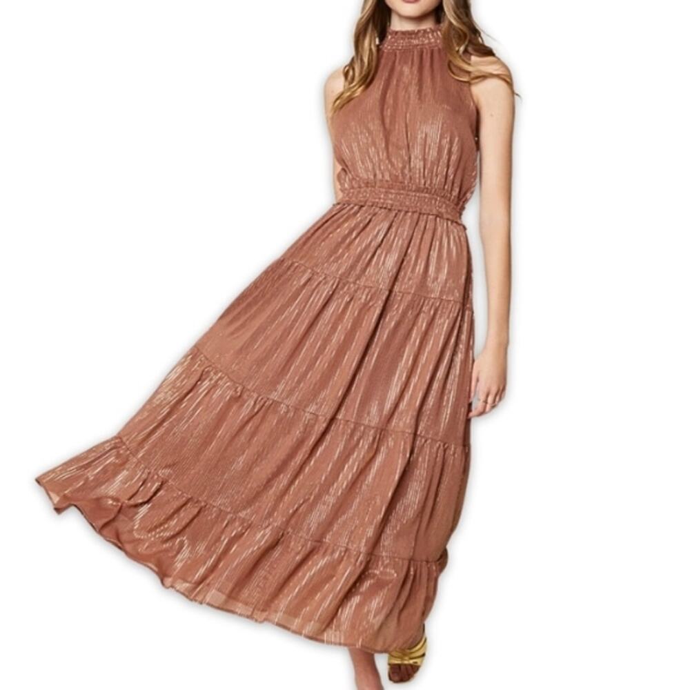 Lost + Wander Maxi Dress Downtown Lights Metallic Sleeveless Brown/Gold W S NWOT